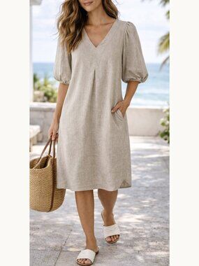 Cynthia Rowley Beige Linen Blend Puff Sleeve Dress M Effortless Coastal Chic
